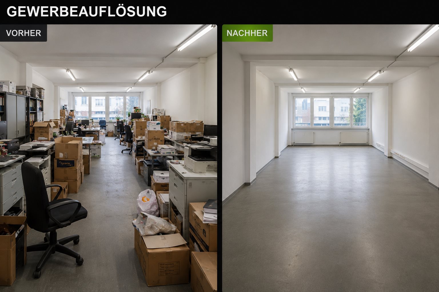 Gewerbeauflösung Kassel · Vorher (volles Büro mit Möbeln, Akten, Boxen) · Nachher (besenrein übergabefertig)