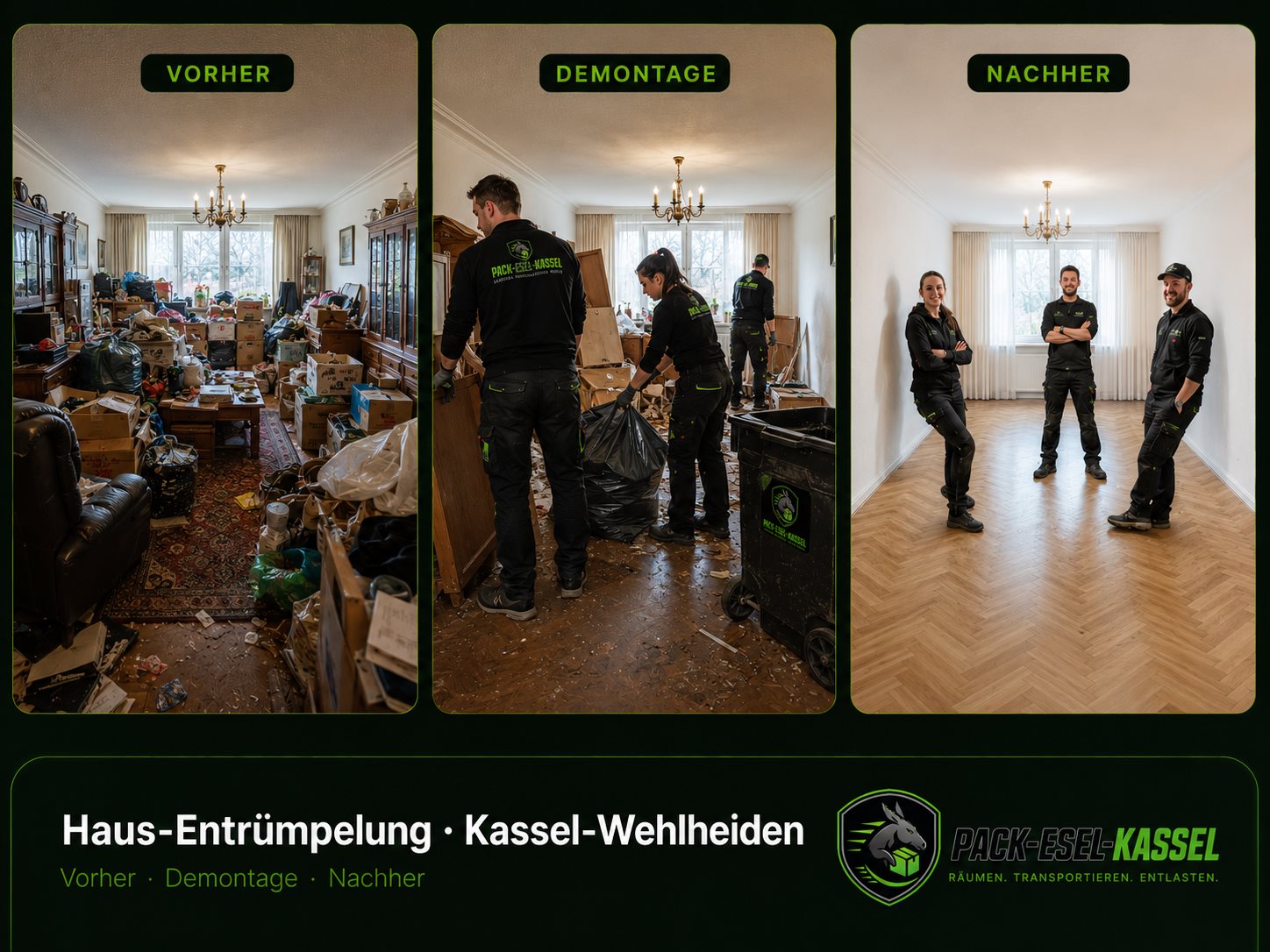Haus-Entrümpelung Kassel-Wehlheiden · Vorher · Demontage · Nachher
