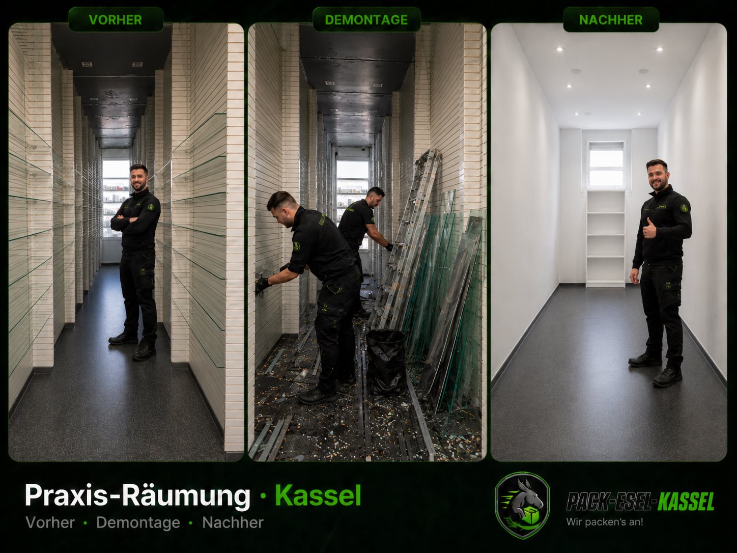 Praxis-Räumung Kassel-Mitte · Zahnarztpraxis 120 m² · Vorher · Demontage · Nachher