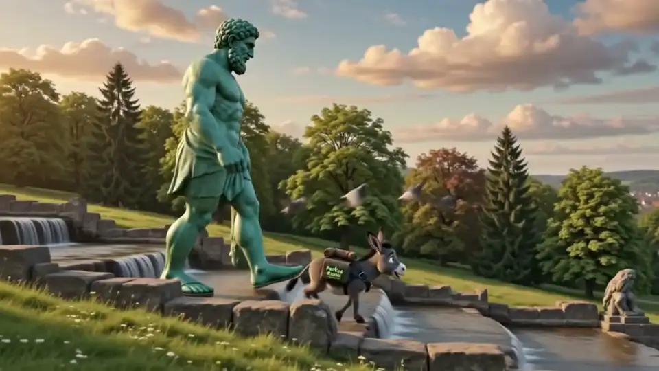 Der Herkules und der Pack-Esel über den Dächern von Kassel — Standbild aus dem Werbefilm